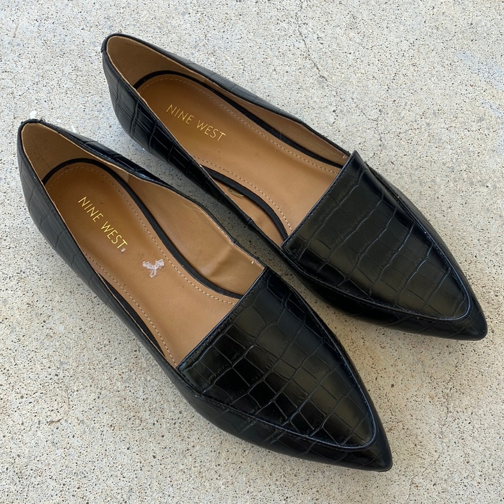 Nine West Vegan Leather Pointed Toe Slip On Black Flats, 8.5